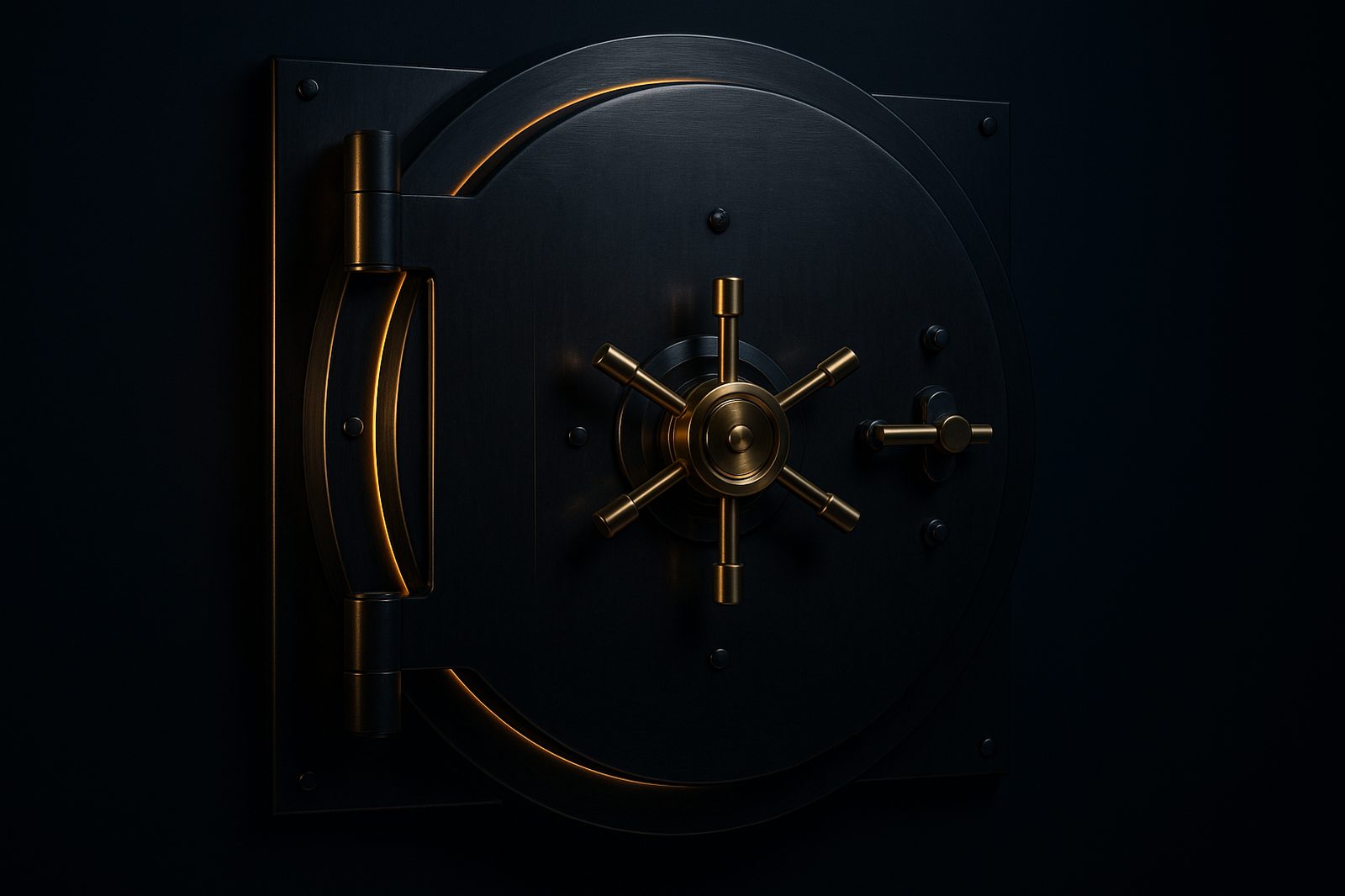 Abstract vault-door artwork in emerald and amber light